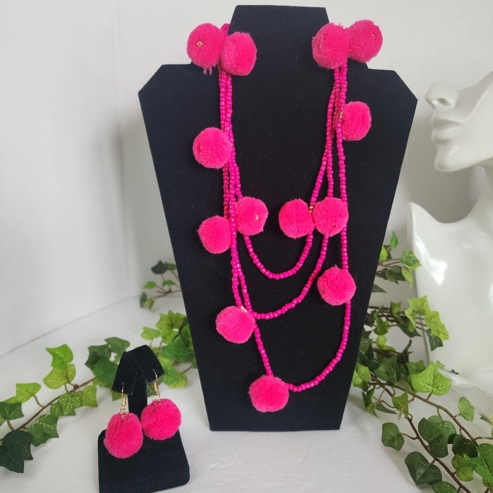 Barbie Pink Color PomPom and Stone Bead Necklace Earrings Set
